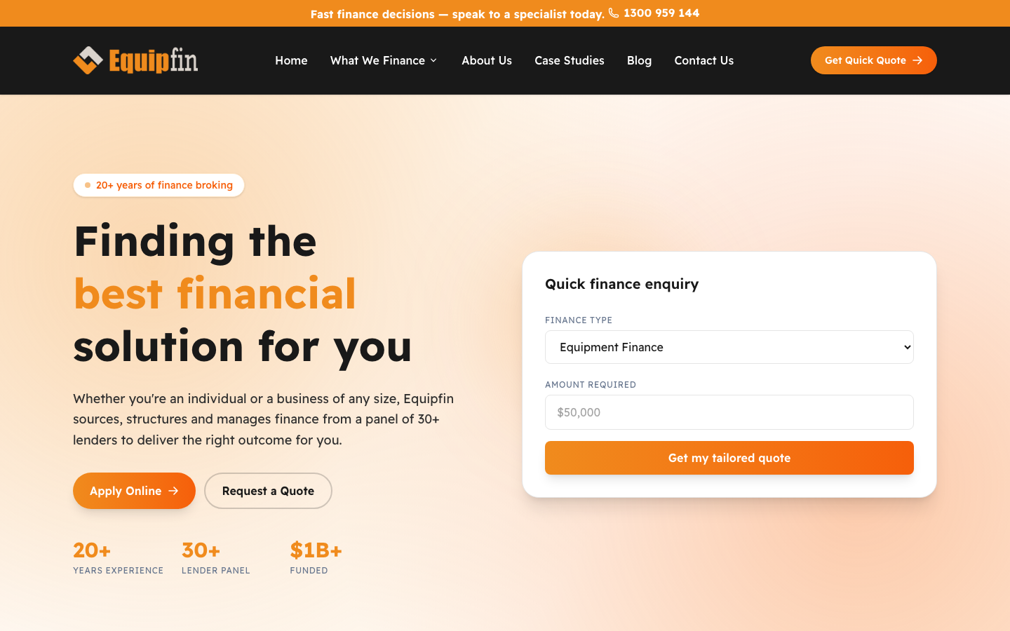 Equipfin — an Australian equipment & asset finance brokerage website designed and built by Venture Drake.